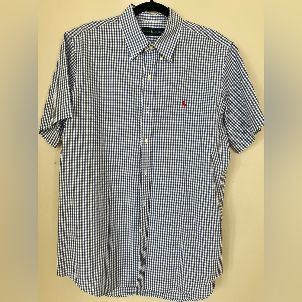 Polo Men's Purple & White Check Short Sleeve Button Down Classic Fit Shirt Large